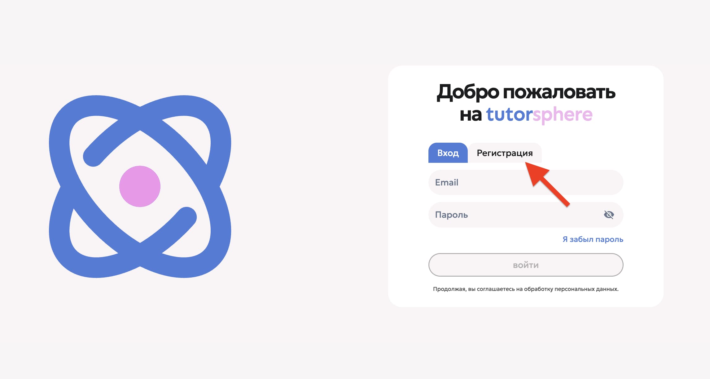 Окно входа с переключателем между вкладками «Вход» и «Регистрация»